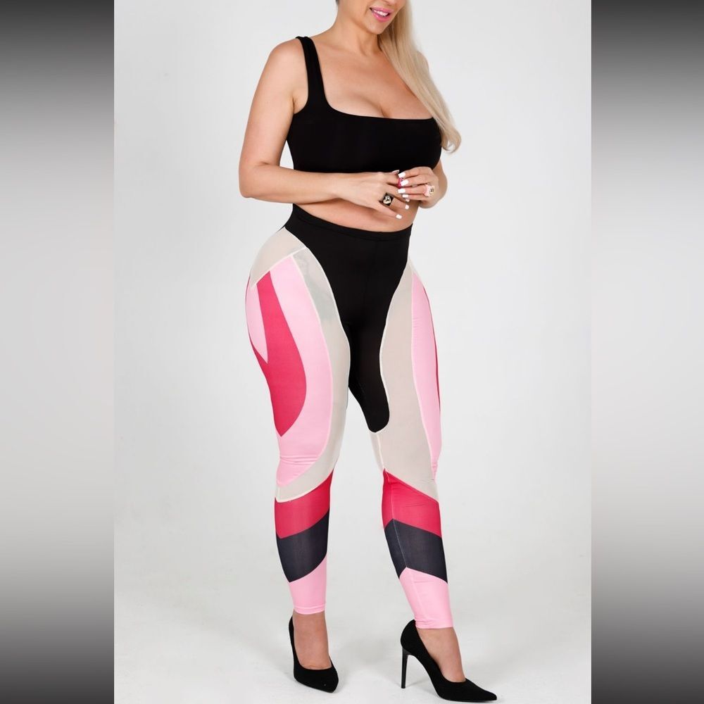 Pink Stretch Leggings Sheer Black‎ Stretch NWT  Sexy Barbie Tight Club Pants - Picture 4 of 5
